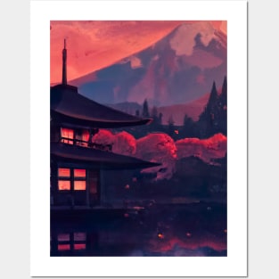 Red Japanese Mountain Posters and Art